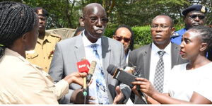 Basic Education Principal Secretary Dr Belio Kipsang addresses the media at Naivasha Girls High School on Friday, November 10, during an inspection tour at the school to monitor the ongoing KCSE examinations
