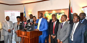 A photo of the Technical Committee of Principal Secretaries led by Immigration PS Julius Bitok addressing the media at Serena Hotel, Nairobi on September 12, 2023. 