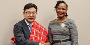 PS Diaspora Affairs Roseline Njogu (right) meets Chris Sun, the Secretary, Labour and Welfare Bureau of Hong Kong Special Administrative Region on Tuesday, June 27, 2023.