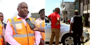 A photo collage of Energy Principal Secretary Alex Wachira speaking on May 12 (left) and plain-clothed police officers at the Athi River company during a raid on June 14, 2023. 