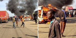 A 14-seater matatu in flames along the Kisumu-Busia highway in Luanda, Vihiga County on Saturday, September 6, 2025.