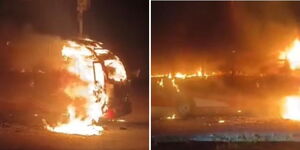 A 33-seater Public Service Vehicle (PSV) on fire along Kangundo Road in Nairobi on Friday, November 14, 2025.
