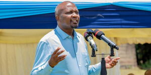 Public Service CS Moses Kuria addressing a crowd at Njabini VTC in Nyandarua on Tuesday, March 19, 2024.