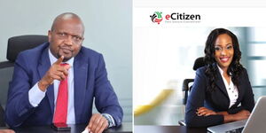 Public Service PS Moses Kuria (left) and eCitizen platform's home page.