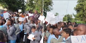 A photo collage of pupils of Jabstir Academy in Kakamega protesting outside the school on January 11, 2024