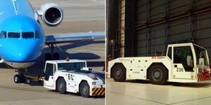 Photo collage of a pushback tractor towing a plane and the tractor ready to disengage from a plane on August 5, 2018