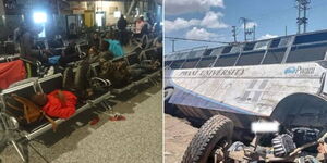 A side-by-side image of Pwani University students stranded at SGR and the institution's bus at an accident scene on March 30, 2023. 