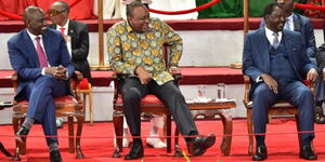 President (then as Deputy President) William Ruto, former President Uhuru Kenyatta, and former Prime Minister Raila Odinga at the Bomas of Kenya during the launch of the Building Bridges Initiative (BBI) report on October 26, 2020.