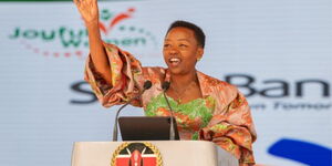First Lady Rachel Ruto during the Joyful Women 16th Anniversary Celebration at Kasarani Stadium on November 27, 2025