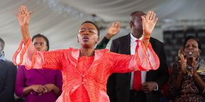 First Lady Rachel Ruto praying during the Sunday service at Deliverance Church in Umoja, Nairobi on May 21, 2023.