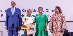 From left: Education Cabinet Secreatry Ezekiel Machogu, logo student awardee, First Lady Rachel Ruto and Spose of the Deputy President Dorcas Rigathi at KICC on September 7, 2023.