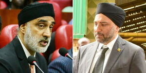 A photo collage of Jaswant Rai appearing before Parliament in 2021 (left) and Sarbjit Singh Rai (right). 
