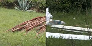 Photo collage of poles and iron sheets ferried to Gibson Kuria's farm on Friday April 14, 2023