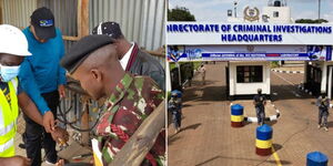 A photo collage of police inspecting a gas plant in Embakasi, Nairobi County on April 7, 2023 (left) and detectives outside the DCI headquarters along Kiambu Road on July 13, 2022 (right).