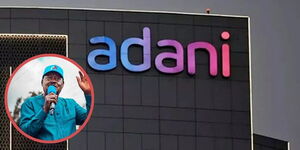 India's Adani Group Limited company's office and an insert of Former Prime Minister Raila Odinga 