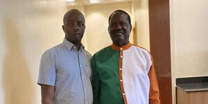 Raila Odinga Junior (left) with father Raila Odinga (right) in Meru County ahead of a BBI rally on Saturday, February 29, 2020