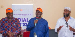 ODM party leader Raila Odinga (centre), former Kakamega Governor Wycliffe Oparanya and former Mombasa governor Ali Hassan at Wajir County on March 1, 2024. 