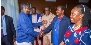 A photo of Azimio leaders, Raila Odinga greeting Kalonzo Musyoka, alongside Minority Leader Opiyo Wandayi and Martha Karua