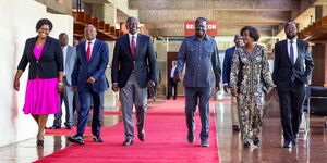 President William Ruto and Raila Odinga (center) with Deputy President Kithure Kindiki and Governor Gladys Wanga (left) and Governors Ciciley Mbarire and Any'ang' Nyongo, at KICC on March 7, 2025.