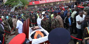 Kenyans viewing the body of Raila Odinga at Kasarani Stadium