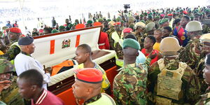 Kenyans lining up to view the body of former Prime Minister Raila Odinga's body in Mamboleo Stadium in Kisumu on Saturday, October 18, 2025.