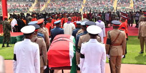 The Kenya Defence Forces (KDF) officers escorting former Prime Minister Raila Odinga's body for viewing at the Mamboleo grounds in Kisumu on Saturday, October 18, 2025.