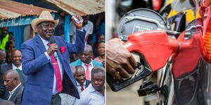 Former Prime Minister Raila Odinga speaking on Wednesday June 14, 2023 and a fuel attendant at a filling station