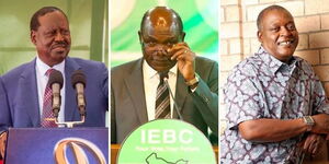 A photo collage of the former Prime Minister Raila Odinga (left), former IEBC Chairperson Wafula Chebukati (centre) and former Lugari MP Cyrus Jirongo