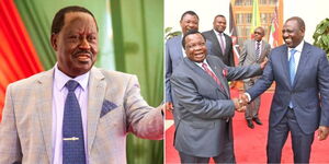 Former Prime Minister Raila Odinga speaking at an event on August 14, 2023 (left) and together with President William Ruto at State House on December 1, 2022 (right).