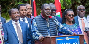 Raila Odinga speaking while accompanied by Kalonzo Musyoka and Martha Karua and other Azimio leaders on Wednesday May 24, 2023