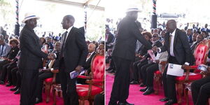 Former Prime Minister Raila Odinga shaking hands with President William Ruto (left) and Deputy President Rigathi Gachagua (right) during the funeral of Mukami Kimathi on May 13, 2023.