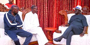 From left: Lawyer Cliff Ombeta, Pastor Ezekiel Odera and Former Prime Minister Raila Odinga at the televangelist's home on May 6, 2023.