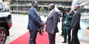 Orange Democratic Movement leader Raila Odinga and Deputy President Rigathi Gachagua at the Africa Climate Summit in KICC. 