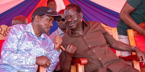 A photo of Azimio Principals Raila Odinga (right) and Kalonzo Musyoka in Kitui County on October 14, 2023.
