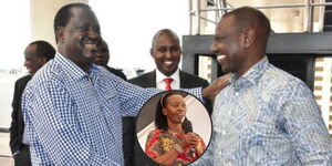 Prime Minister Raila Odinga and President William Ruto during a meeting in Mombasa in 2020 as Suna East MP Junet Mohamed looks on. A photo of Martha Karua speaking at an Azimio meeting on March 2 (in a circle)