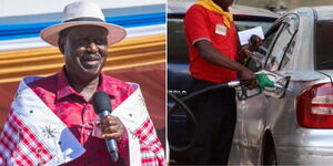 A photo collage of former Prime Minister Raila Odinga speaking in Kajiado County (left) and a Petrol Station attendant pumping fuel to a petrol tank in Nairobi.