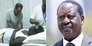 A collage image of Azimio leader Raila Odinga hospitalised in Mombasa in 2017(Left) and Raila Odinga at a past event(Right)