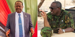 A photo collage of former Prime Minister Raila Odinga speaking during Azimio PG in Nairobi on August 1, 2023 (left) and Inspector General of Police Japhet Koome in Turkana on August 3, 2023 (right).