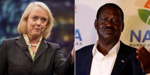 A collage image of US ambassador to Kenya Meg Whitman(Left) and Azimio leader Raila Odinga(Right)