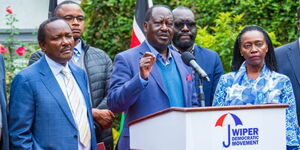 Azimio Leader Raila Odinga addressing the press at SKM Centre on Tuesday, July 4, 2023.