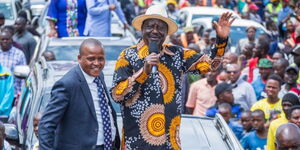 Azimio Leader Raila Odinga addressing a roadside rally at Magena Market in Bomachoge Borabu Constituency on September 10, 2023.