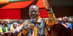 Azimio Leader Raila Odinga addressing residents at Magena Market, Kisii County on September 11, 2023.