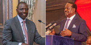 A photo collage of President William Ruto speaking to investors at the Hague (left) and former Prime Minister Raila Odinga addressing the media on May 8, 2023 (right).