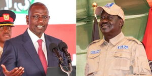 A collage of President William Ruto (left) in Rwanda on April 4, 2023 and former Prime Minister, Raila Odinga (right) 