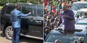 Former Prime Minister Raila Odinga assessing damages to his car on  April 3, 2023 (left) and Uhuru Kenyatta addressing a rally in Kisumu on February 11, 2023 (right).