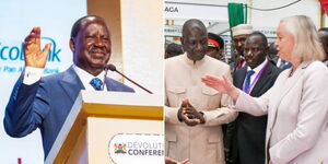 Former Prime Minister Raila Odinga speaking at the Devolution Conference in Uasin Gishu County on August 17, 2023 (left) and President William Ruto and US Ambassador Meg Whitman at a stand at the conference on August 17, 2023 (right).