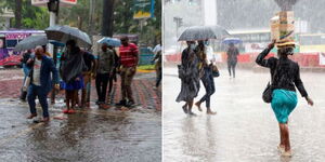 Kenyans crossing a road in Nairobi County during a rainy season in March 2023.