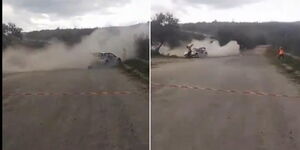 A collage of a rally car almost collides with two CS Namwaba's aides during the WRC Rally on March 31