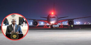A plane at the Jomo Kenyatta International Airport (JKIA) and an insert of South African President, Cyril Ramaphosa addressing the press.