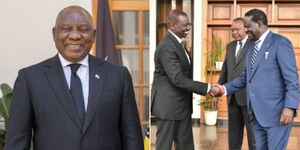 A photo collage of South Africa's President Cyril Ramaphosa at State House on November 9, 2022 (left) and President William Ruto and former Prime Minister Raila shaking hands as former President Uhuru Kenyatta overlooks in 20219 (right).